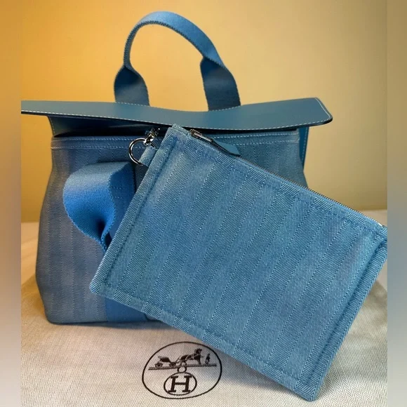 Hermes Valparaiso PM Bag Blue Chevron Canvas Blue Leather, Pouch, Dustbag COA - Picture 4 of 17